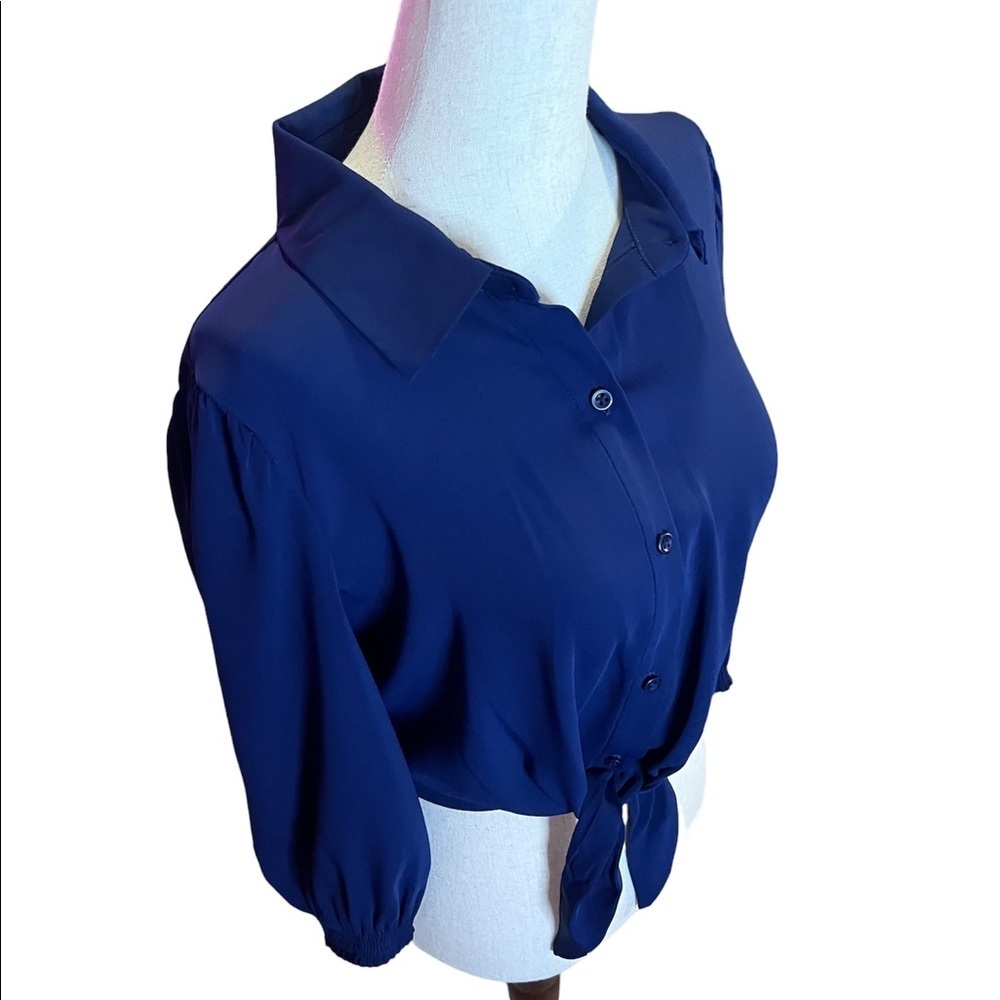 Gal Meets Glam Collection Blue Claudia Waist Tie Half Sleeve Button-down Top - Picture 7 of 8